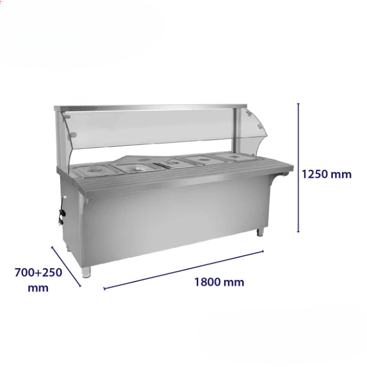 Ss Service Bain Marie With Sneeze Guard (glass) For 5 Gn Pans Of 1/1